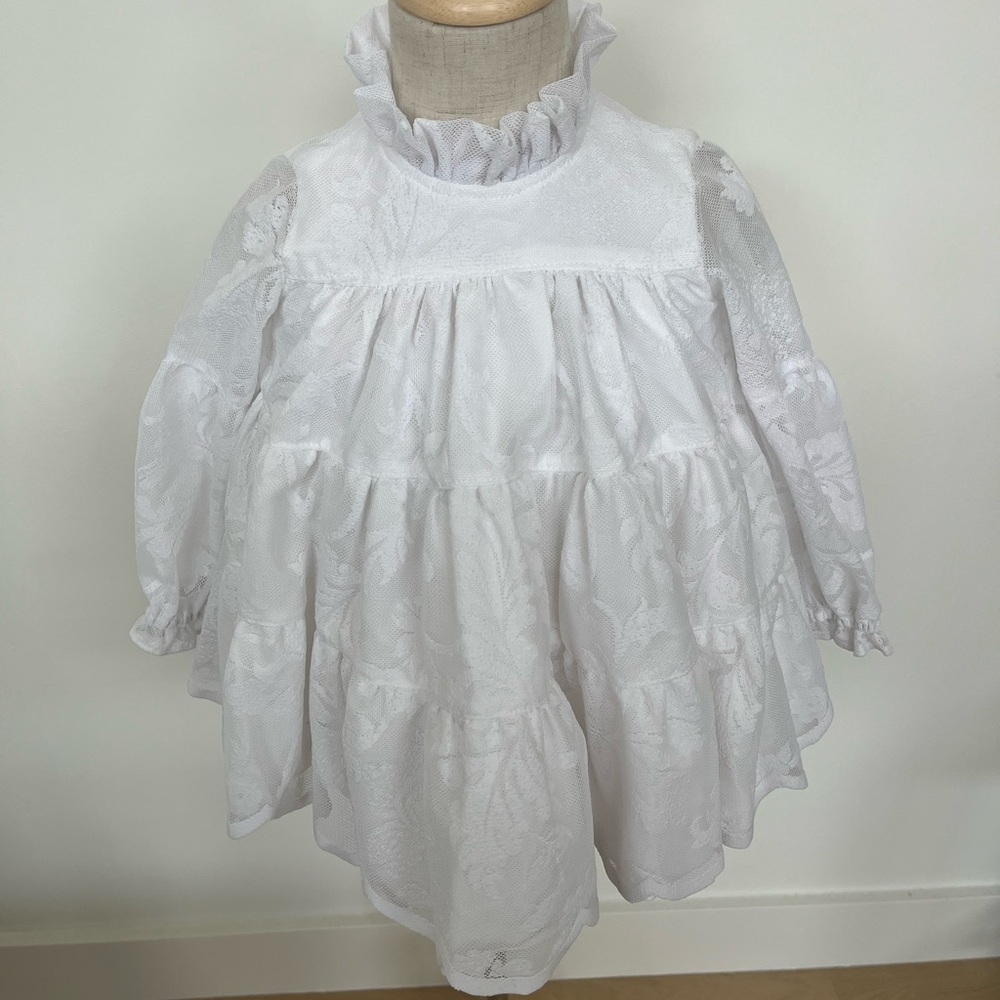 Aggie & Francois Custom Spanish Style White Ruffled Baby Dress with bloomers